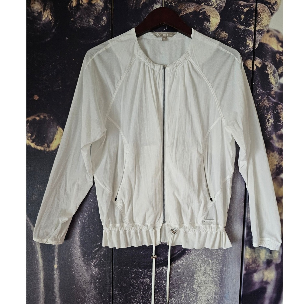 Athleta White Crinkle Full Zip Vented Back Ruffle Hem Jacket XS 291862-01